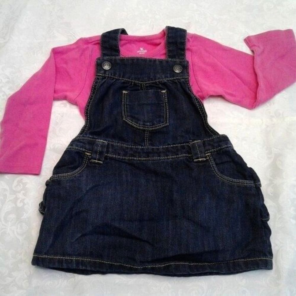 Old Navy 3 Piece Overall Jean Dress Longsleeve Onesie Bloomers Blue Pink 18-24M